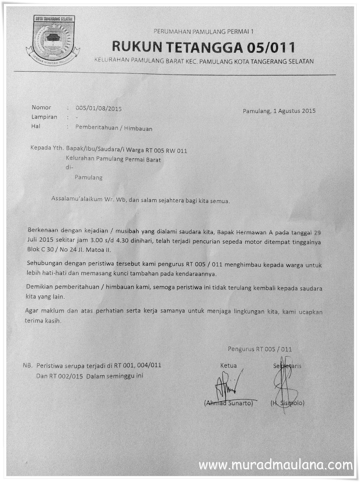 Contoh Surat Pemberitahuan / Himbauan Dari RT - Murad Maulana