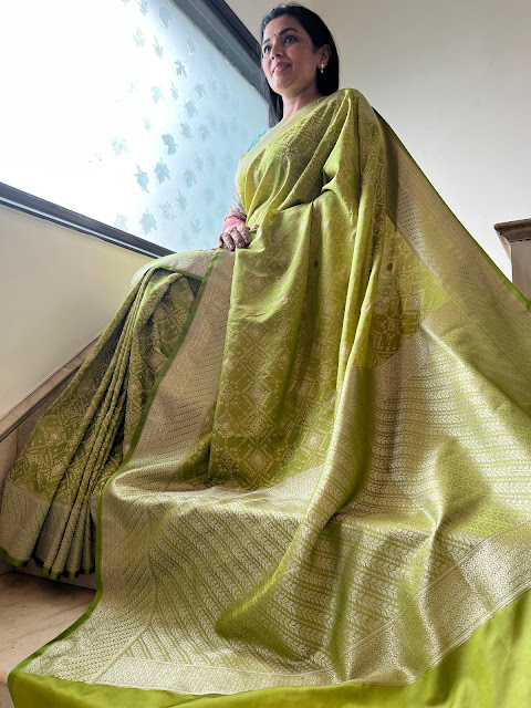 The Timeless Beauty of the Olive Green Mushroo Silk Tanchoi Saree