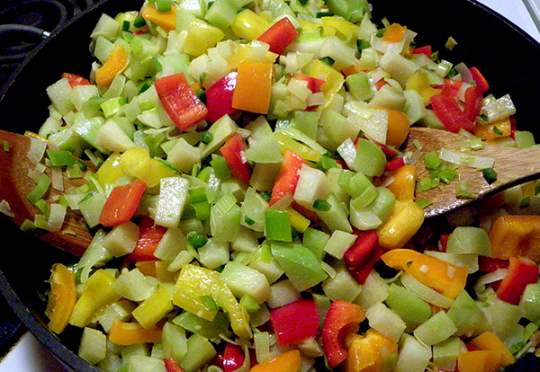 Completed Stir fry with Kohlrabi, red and yellow bells, leeks, garlic, jalapeno