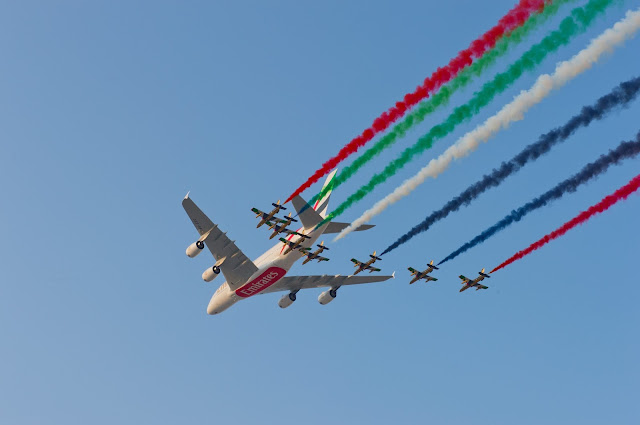 Emirates A380-800 Escorted By Al-Fursan Aerobatics Team