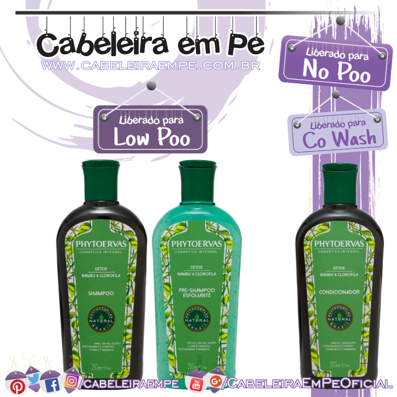 Pré-Shampoo, Shampoo (Liberados para Low Poo) e Condicionador (No Poo e co wash) Detox Bambu e Clorofila - Phytoervas