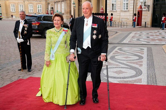 King Harald and Queen Sonja, Crown Prince Frederik and Crown Princess Mary. Diamond and emerald tiara, rosa diamond earrings
