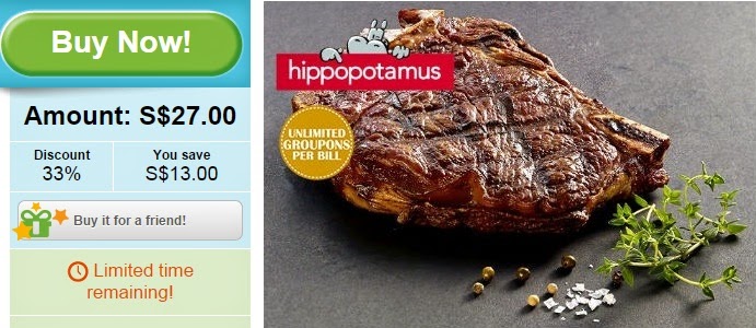 Hippopotamus Restaurant Grill groupon offers, discount, Singapore groupon offers