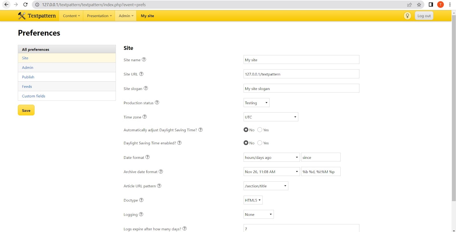 sample textpattern website administration account