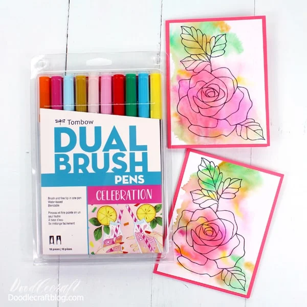 Make Watercolor Wash Valentine cards using Tombow Dual Brush Pens. Simply scribble on the blending palette, spritz with water and press on watercolor paper. Let dry and then use a rubber stamp image or draw a design of your own. Mount on a card base with Tombow Adhesive and then make a bunch more!