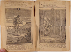 An open book showing printed text and two illustrations of a pilgrim.