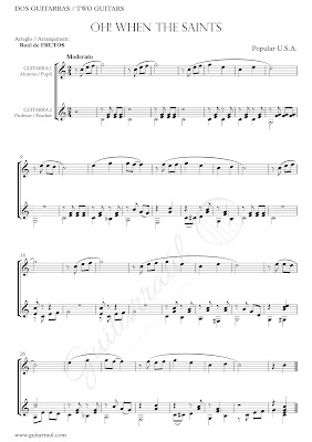  Oh When the Saints go Marching in Partitura para dos guitarra en Duo Easy Sheet Music for 2 guitars