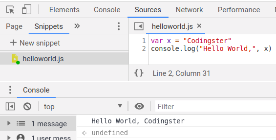 Picture of Hello World on the Chrome snippets