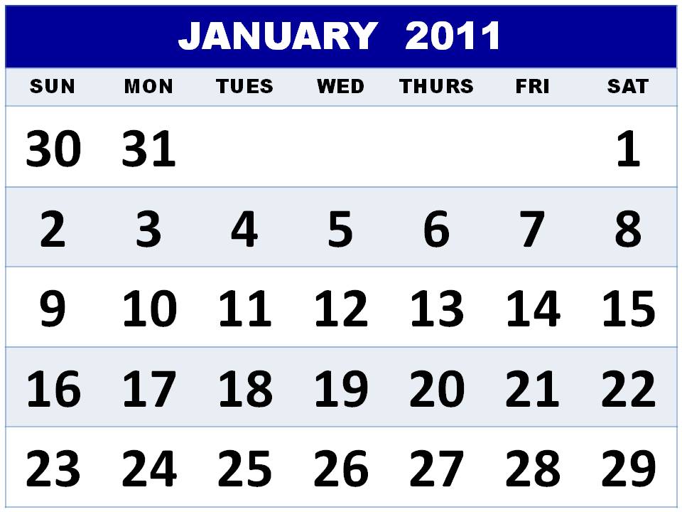 january 2011 calendar word