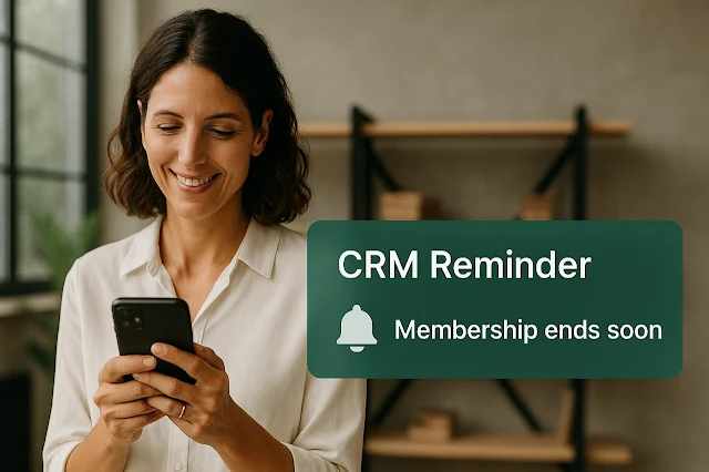 A smiling woman in a white blouse looks at her smartphone while receiving a CRM reminder about a membership ending soon, in a bright modern office setting.