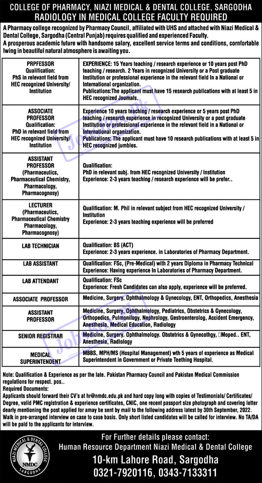 Latest Jobs In Niazi Medical & Dental College  NMDC Sargodha  2022