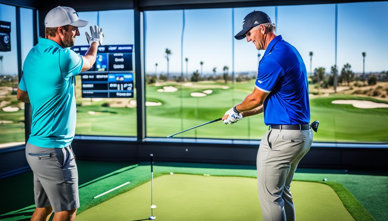 A golfer taking a swing at a bay in Topgolf El Segundo