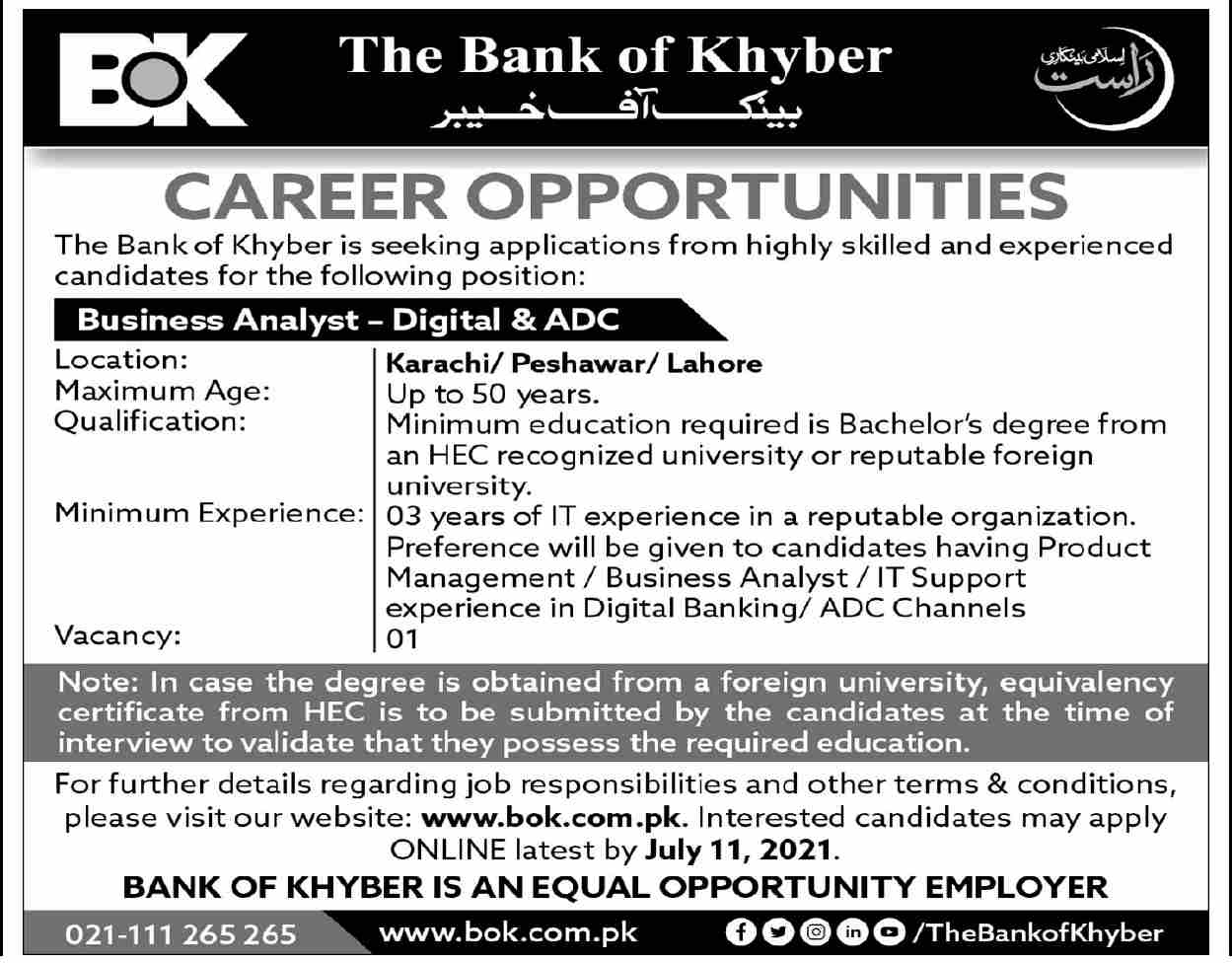 Bank of Khyber Jobs 2021 Online Apply BOK Jobs