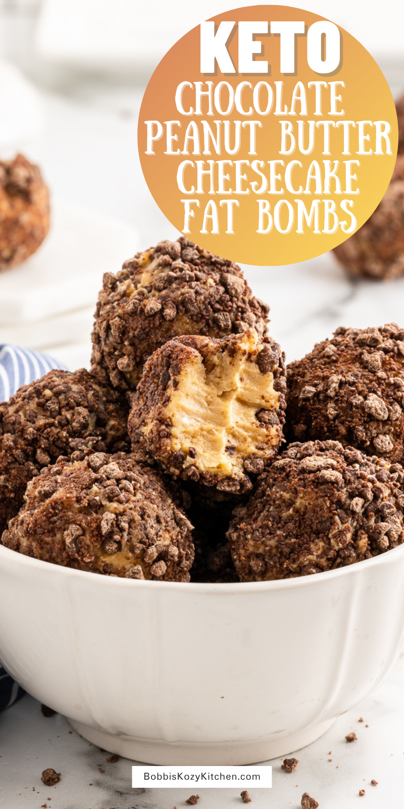 Chocolate Peanut Butter Cheesecake Fat Bombs - These creamy chocolate peanut butter cheesecake fat bombs are the perfect keto snack or dessert. Made with just 6 ingredients, they are as easy to make as they are delicious to eat, and, with just 2 net carbs per fat bomb, they are guilt-free too! #keto #lowcarb #sugarfree #chocolate #peanutbutter #cheesecake #fatbomb