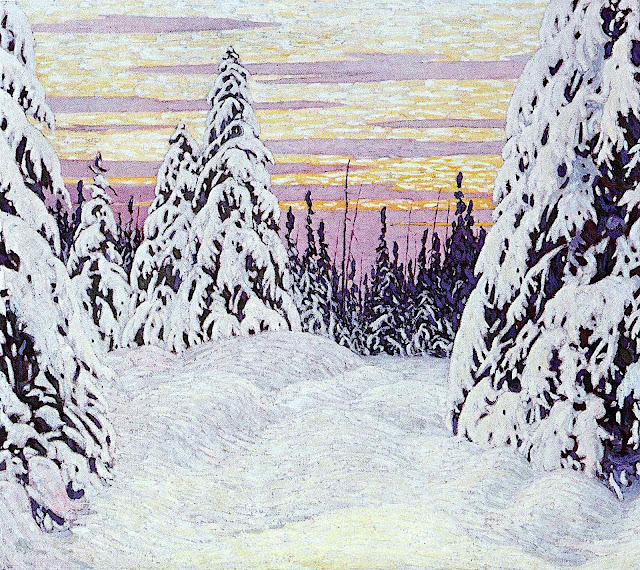 a Lawren Harris painting 1916, trees in snow