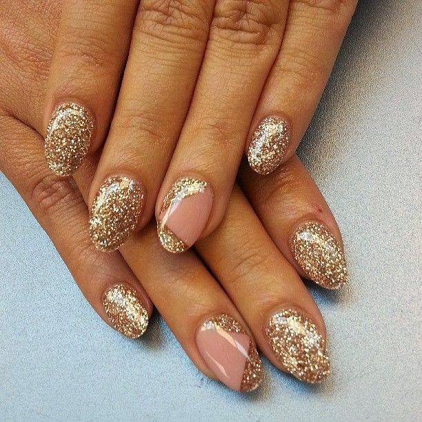 acrylics LED polish manicure with sequin feats nail art design Gel Nails in french pink cover and custom golds.