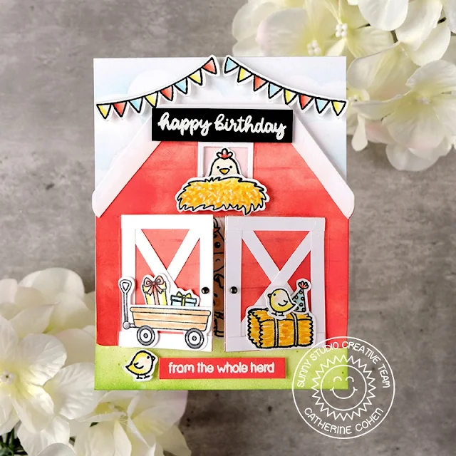 Sunny Studio Stamps: Barnyard Buddies Card by Catherine Cohen (featuring Gingerbread House Dies, Fluffy Cloud Dies, Inside Greetings)