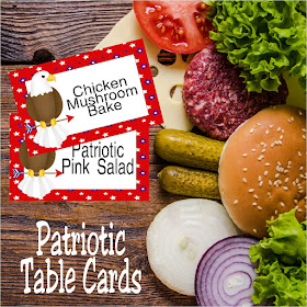 Let your guests at your 4th of July pot luck know what dishes you brought by using these patriotic table cards. They are so easy to make and won't blow away in the July wind when you place a rock inside these triangle shaped patriotic table cards. #patrioticparty #4thofJuly #picnic #bbq #tablecards #placesetting #diypartymomblog