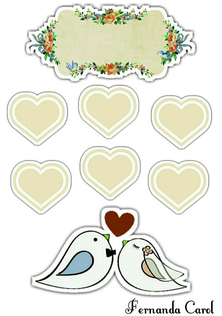 Birds Getting Married with Beige Hearts: Free Printable Cake Toppers