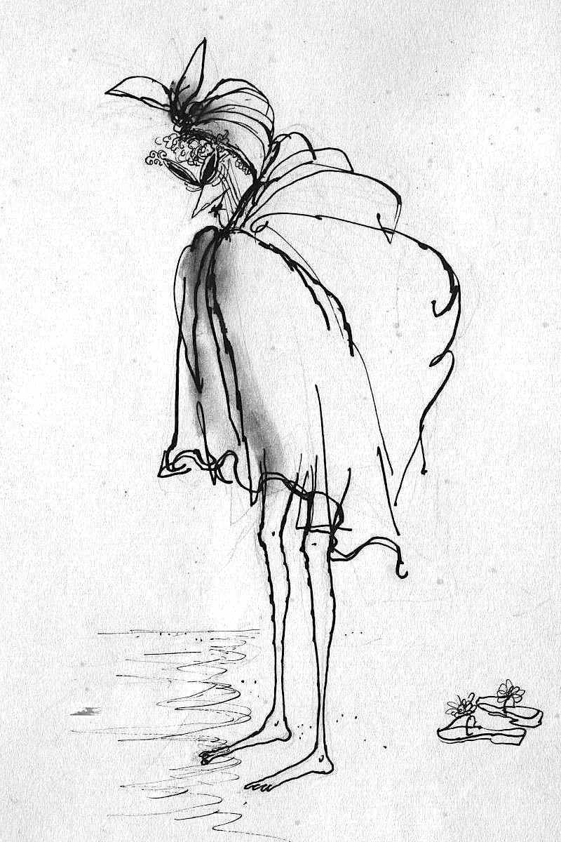 Ronald Searle sketch of senior at beach