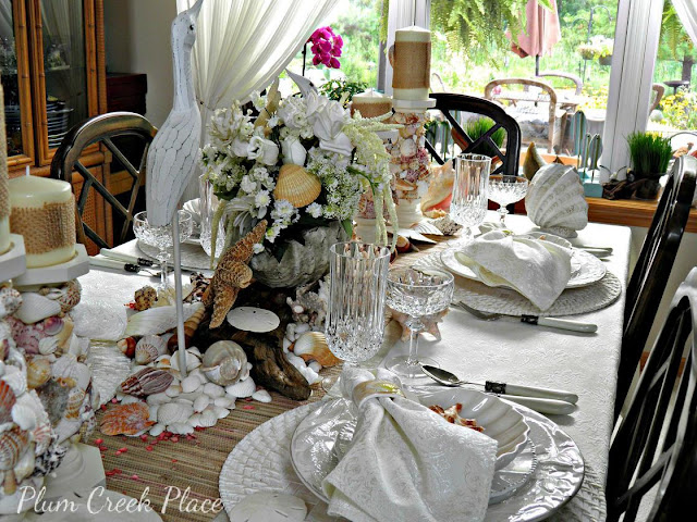 Plum Creek Place - Seashells and Roses Coastal Tablescape - DIY Shell Encrusted Candle Holders 