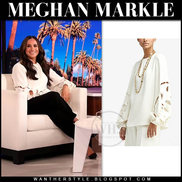 Meghan Markle in white cut out blouse, black trousers and pumps on The Ellen Degeneres Show