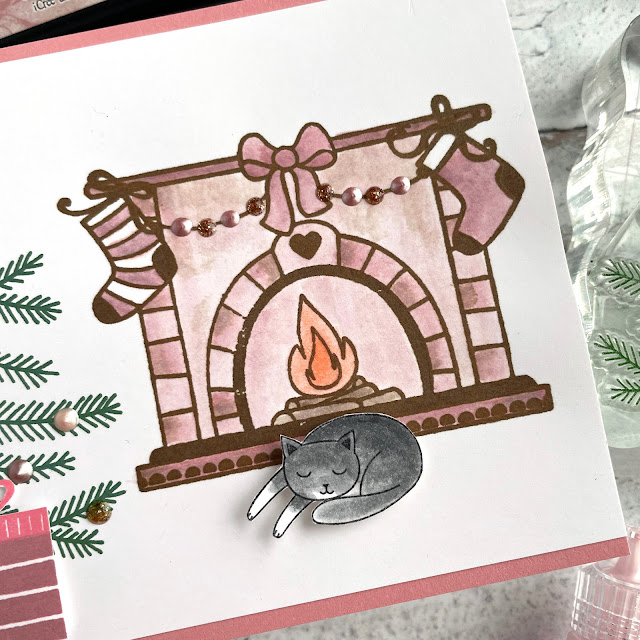 Cozy watercolor Christmas card created with: Scrapbook.com home or christmas stamp, solar white cardstock, a2 roses cardstock, and pops of color in copper, rose gold and soft-pink, foam adhesive; Tim Holtz archival distress ink, distress ink in black soot, espresso, ripe persimmon and victorian velvet, distress oxide in worn lipstick and rustic wilderness