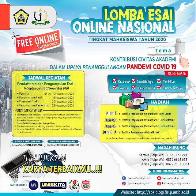 Jurusan Sosiologi UNIB : Lomba Esai (online) Nasional Berhadiah Laptop