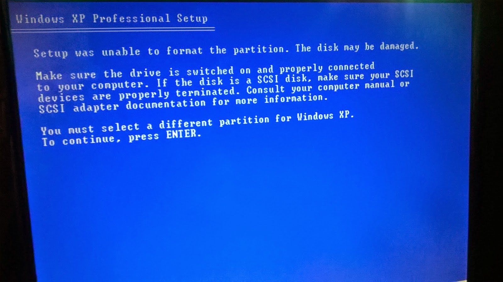 Setup was unable to format the partition The disk may be damaged 