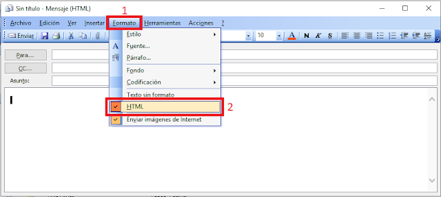 Microsoft Outlook 2003 formato de texto HTML