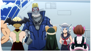 Ryukyu, Uraraka and Tsu standing in front of Selkie and Sirius.