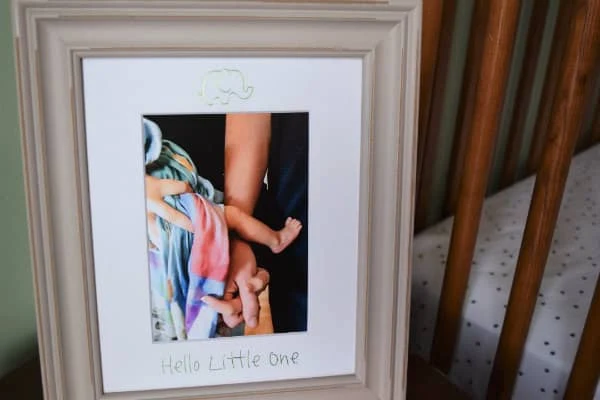 framed baby photo with mat decorated with foil transfer elephant and Hello Little One phrase