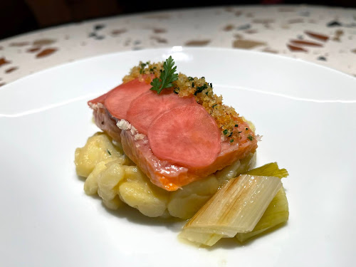 Margo restaurant Central Hong Kong - Rainbow trout confit with potato salad, grilled leeks and pickled radish