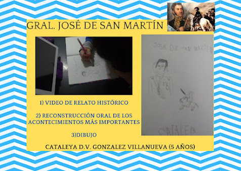 Título General José San Martín. Al lado un foto del  retrato del General San Martín y en la misma imagen se visualiza un cuadro del General sobre un caballo blanco cruzando la Cordillera de Los Andes. Abajo hacia la izquierda se observa una foto tomada desde arriba en la que se ve la mano de la niña  tomando un lápiz negro dibujando al General San Martín sobre una hoja lisa blanca de un cuaderno. A la derecha se presenta la foto del dibujo realizado por la alumna. La ilustración dice en la parte superior: José de San Martín y abajo: "Cataleya". Hacia la izquierda se puede leer un texto que dice 1) Video de relato histórico. 2) Reconstrucción oral de los acontecimientos más importantes. 3) Dibujo. Cataleya D.V. Gonzalez Villanueva (5 años9