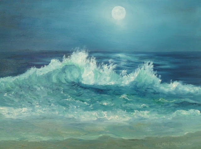 Beach painting with a  crashing waving and a moon