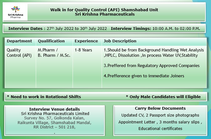Job Available's for Sri Krishna Pharmaceuticals Ltd Walk-In Interview for M Pharm/ B Pharm/ MSc