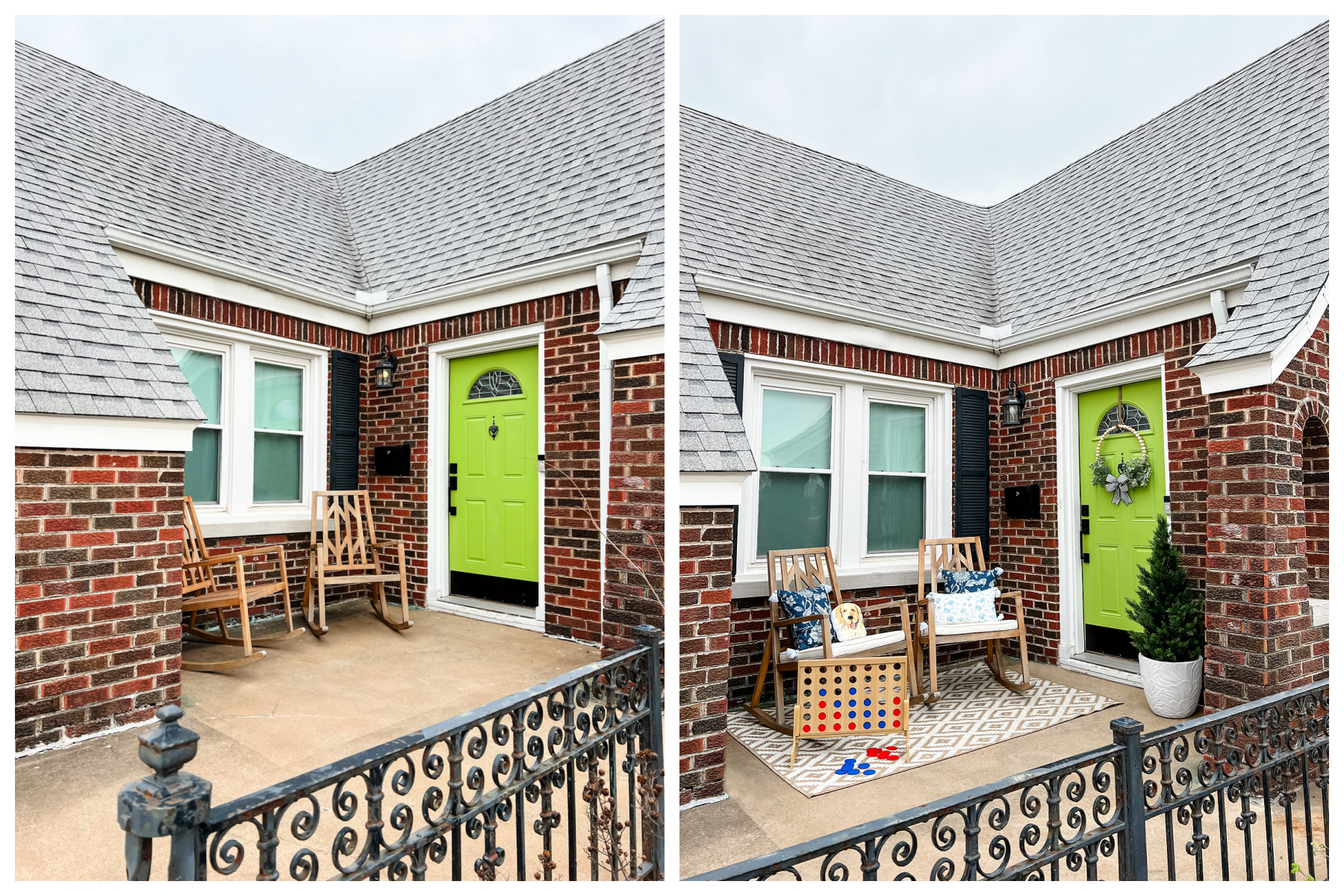 Front Porch Makeover with Hobby Lobby products- tan and white geometric outdoor rug, blue and white outdoor pillows, textured planter, wood bead wreath, oversized connect 4 game