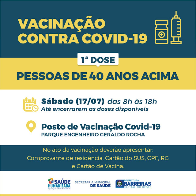 Pessoas de  40 anos acima serão vacinadas neste sábado 