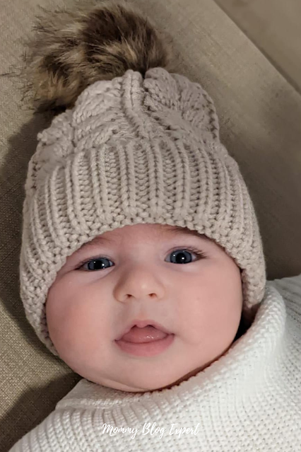 Baby Wearing Pom Pom  Beanie Hat