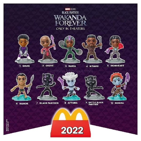 McDonald's Black Panther Toys 2022 - Happy Meal Set of 10 including Shuri, Okoye, Nakia, M'Baku, Ironheart, Namor, Black Panther, Attuma, Namora figures to collect