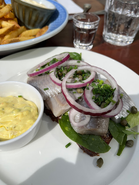 Marinated herring, red onion open sandwich on a white plate