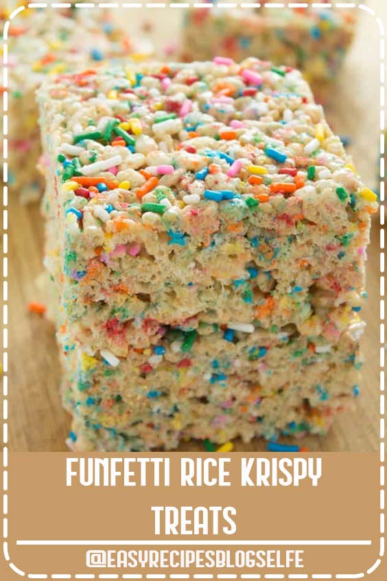 This delicious Rice Krispies Treats® recipe is jam-packed with colorful funfetti sprinkles. They are so much fun to make with the kids for a birthday party or snack, and having one of these will definitely brighten up anyone’s day! #EasyRecipesBlogSelfe #Krispies #Treats #EasyRecipesTreats