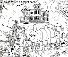 Old haunted house ghostly swamp bridge Scooby Doo coloring book picture monster train crash mystery