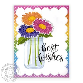 Sunny Studio Blog: Best Wishes Rainbow Ombre Gerber Daisy Bouquet Wedding Card (using Cheerful Daisies & Vintage Jar Stamps, Frilly Frames Eyelet Lace Dies & Spring Fling 6x6 Paper)