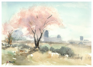 桜のスケッチ。千葉市の花見川沿いで。