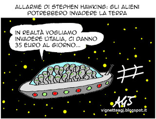 alieni, hawking, 35 euro, migranti, invasione, vignetta satira