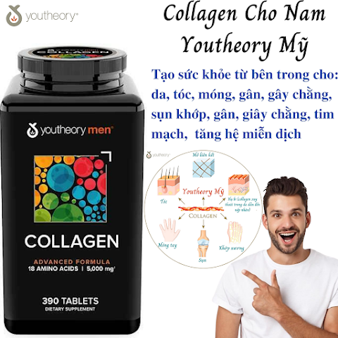 Collagen Cho Nam Youtheory Mỹ Chứa Collagen, Vitamin C, Biotin… Tạo Sức Khỏe Từ Bên Trong Cho Da, Tóc, Móng, Sụn, Gân, Dây Chằng, Khớp, Tim Mạch Và Tăng Hệ Miễn Dịch - Hộp 390 Viên