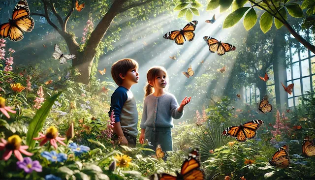 a young boy and girl exploring the Butterfly Garden at the Hungarian Natural History Museum. The children are captivated, with one butterfly resting near the girl's hand, surrounded by vibrant greenery and colorful flowers. Soft sunlight filters through the foliage, creating a serene and magical atmosphere that highlights the children’s expressions of wonder and curiosity.
