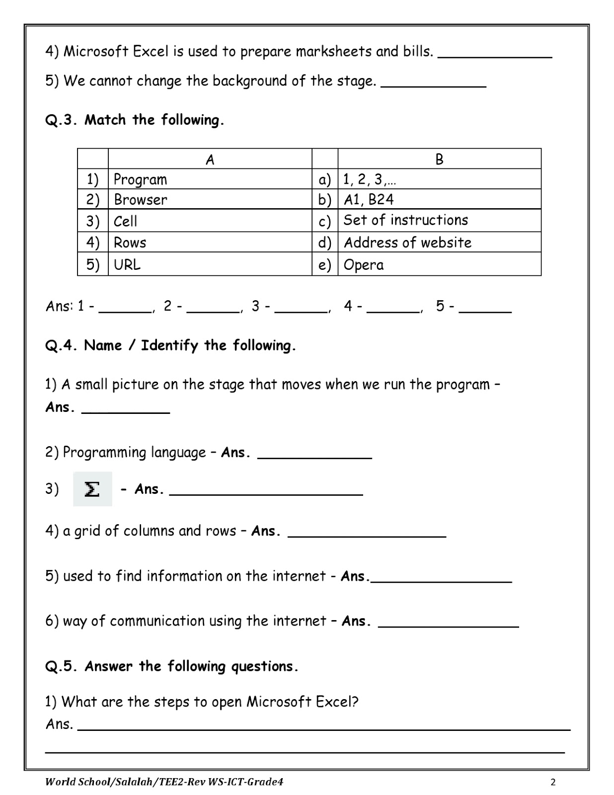 Birla World School Oman Ict Revision Worksheet For Grade 4