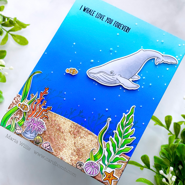 Cardbomb, Maria Willis, Tonic Studios,Tonic Studios Stamp Club,Whales, cards, cardmaking, stamps, ink, paper, papercraft, die cutting, art, color, watercolor, ocean, heat embossing, nuvo